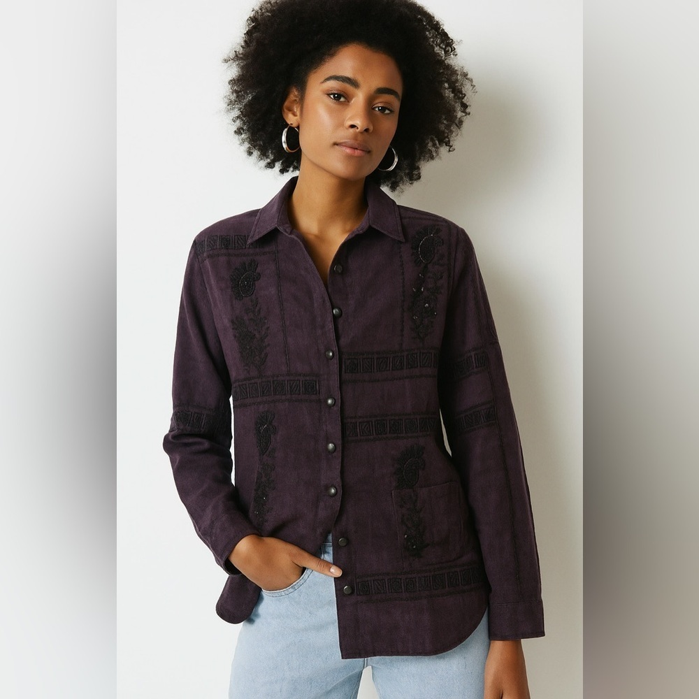SAG HARBOUR | Vintage Purple Button-Up Shirt with Black Embroidery